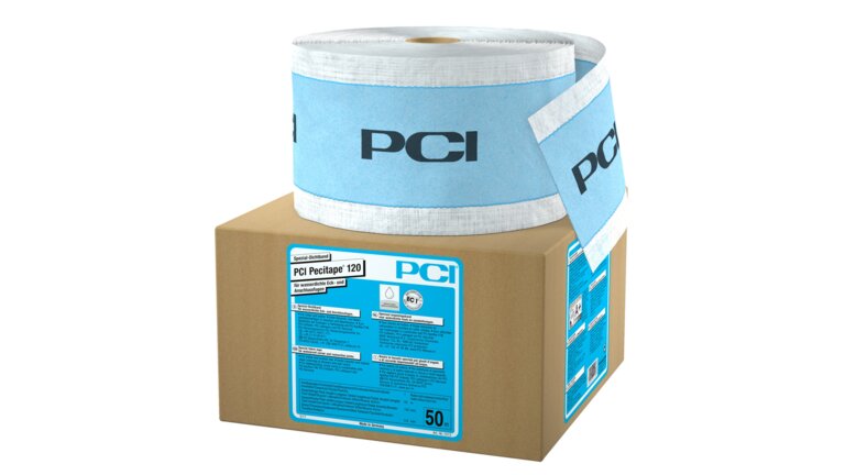 PCI XT02 pecitape 120, Tape aufgerollt auf braunem Karton, hellblau und weiß, 50m